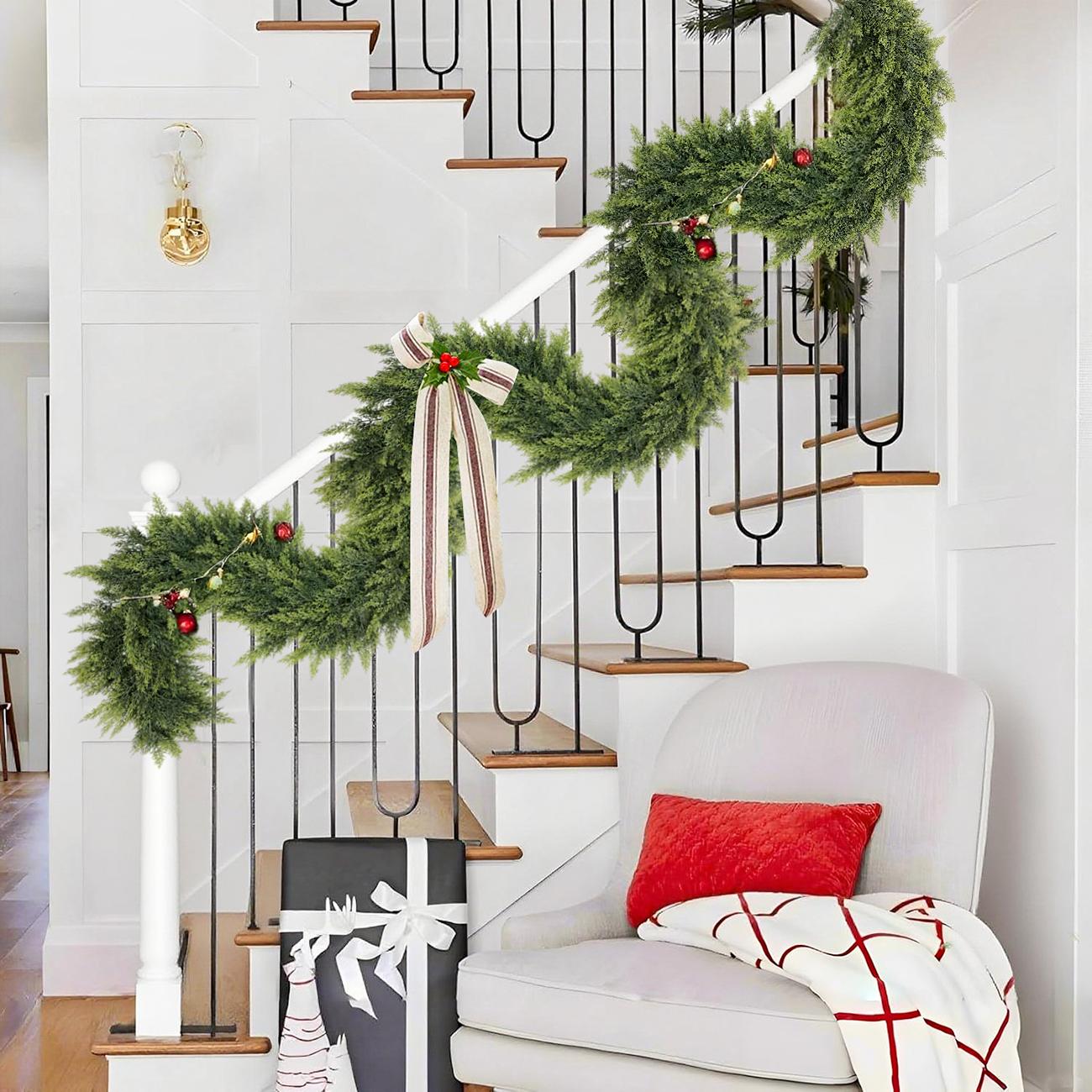 6 FT 2 Pcs Artificial Cedar Garlands, Real Touch Winter Cedar Garland, Green Artificial Greenery Pine Garland for Table, Mantle, Wall, Indoor, Outdoor Christmas Decorations (2, 6 FT)