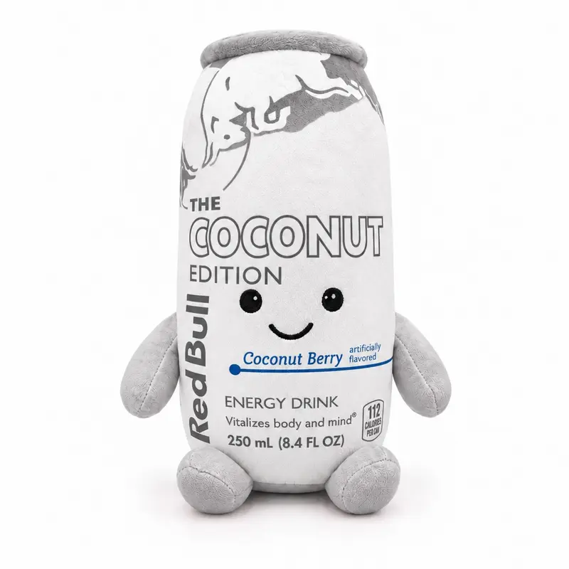 Coconut Berry can-shaped plush toy with a smiling face