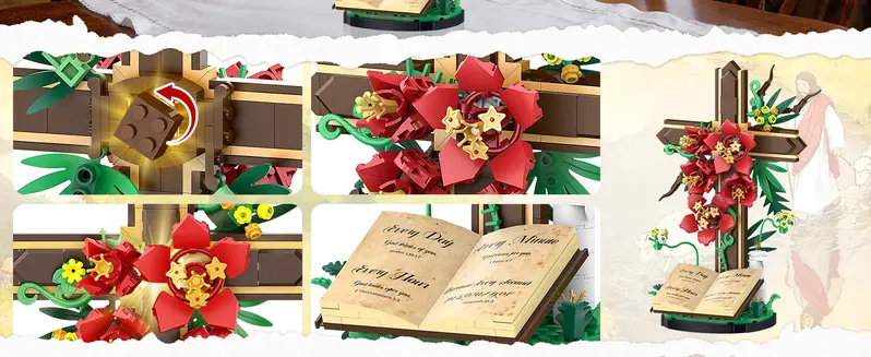 Crimson light block, red flower clusters and book details