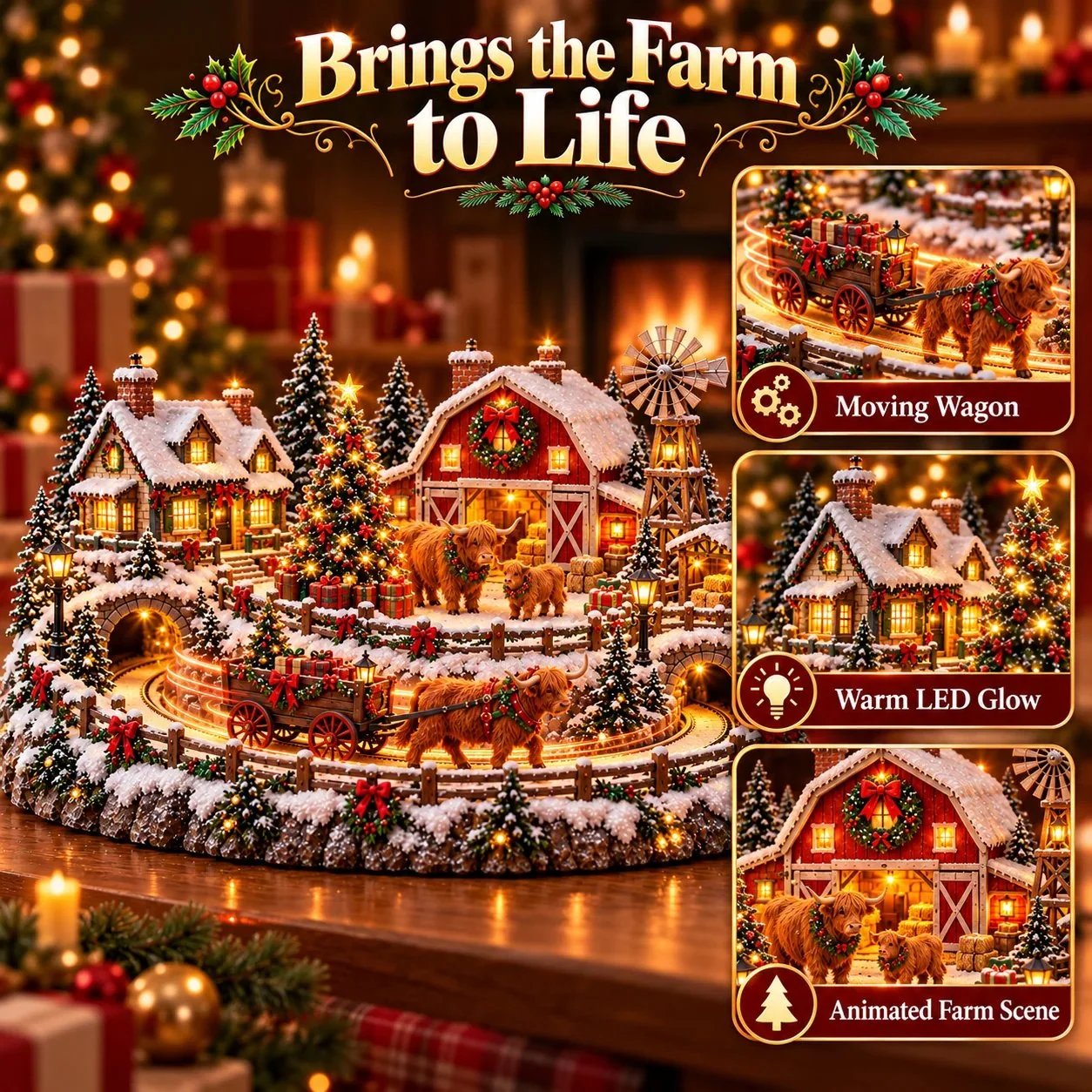 🐮 Light-Up Highland Cow Christmas Village – Festive Farmhouse Decor