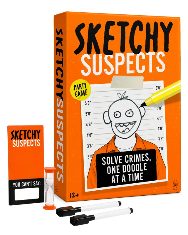 Sketchy Suspects orange game box with cards, two pens, suspect stand and sand timer