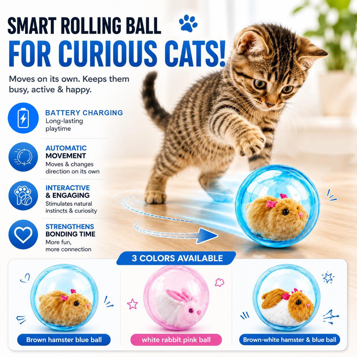 🔥Hot Sale 49% OFF!!🐈Auto-Rolling Ball with Mouse Hands-Free Play for Indoor Cats