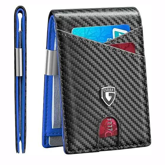 GSOIAX Slim RFID Blocking Bifold Leather Wallet, Carbon Fiber Black