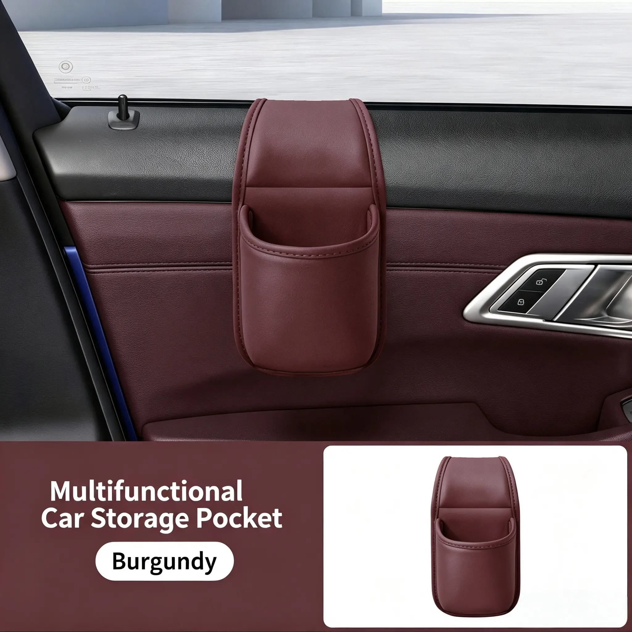 Leather car door storage pocket - double-layer compartments, scratch-proof flannel lining, residue-free adhesive, organizes keys & phones, keeps car interiors tidy, fits most sedans, SUVs and trucks for daily driving