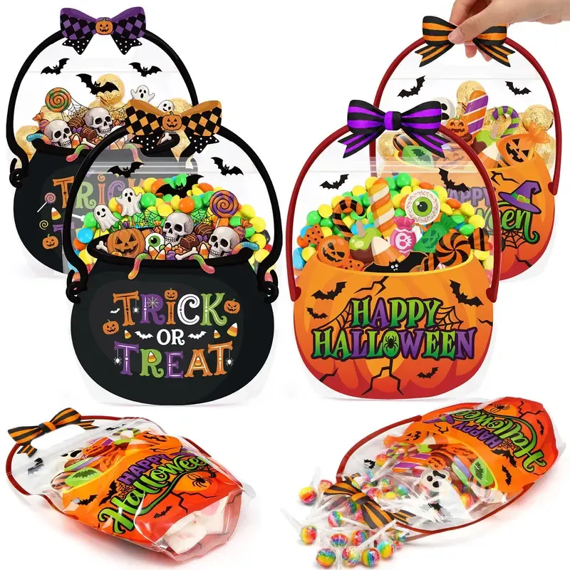 24/50 Pcs Halloween Goodie Bags Plastic Candy Bag Trick or Treat Bags with Cauldron Skeleton black Cat Skull Pumpkin Design,Treat Bags for Student Teacher Colleagues Neighbors,Classroom Snack Storage for Halloween Birthday Party Favor Supplies