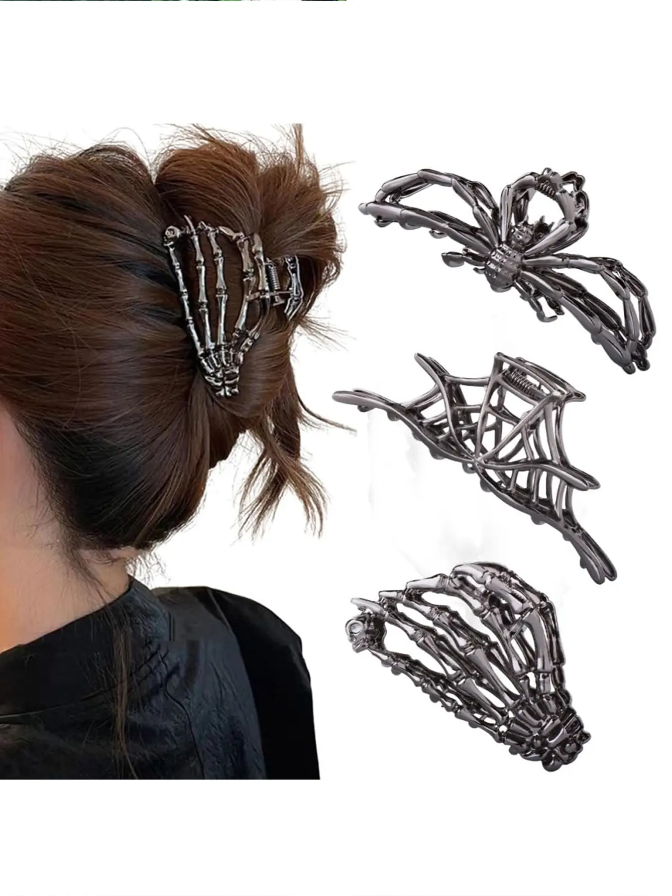 3 Pcs Hair Claw Clip Set Metal Skull Spider Web, Black