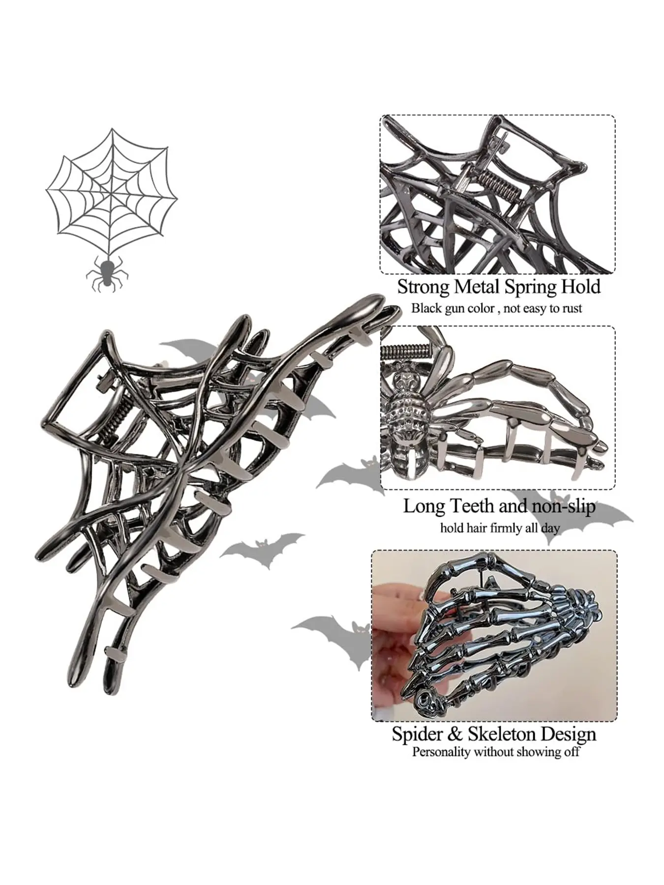 3 Pcs Hair Claw Clip Set Metal Skull Spider Web, Black