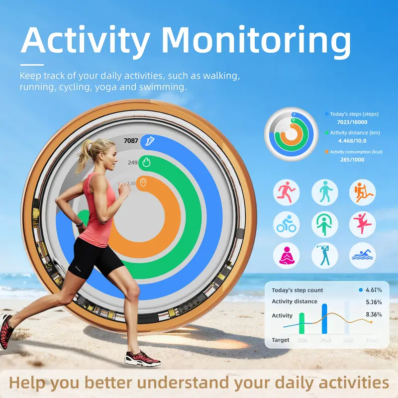 HITIENX activity-tracking illustration showing running, cycling, walking and yoga