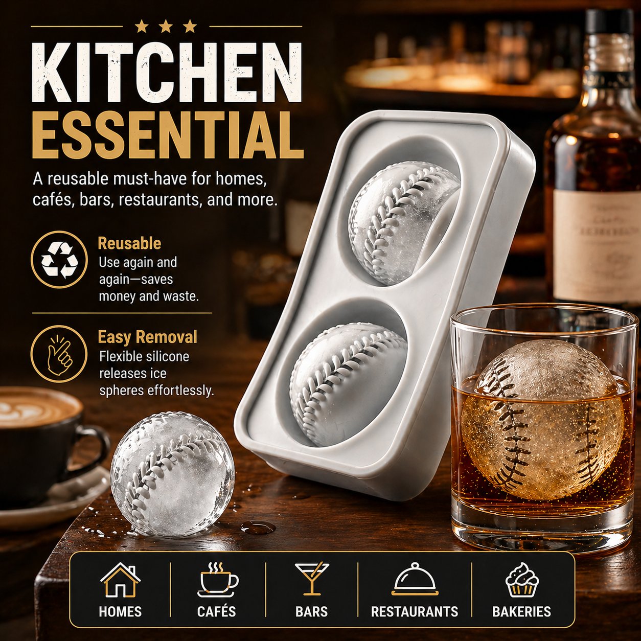 Baseball Ice Mold – Slow‑Melting Silicone Sphere Tray for Whiskey, Cocktails & More ⚾🧊