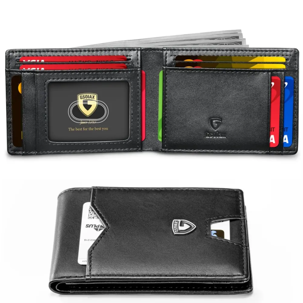 GSOIAX Slim RFID Blocking Bifold Leather Wallet, Carbon Fiber Black