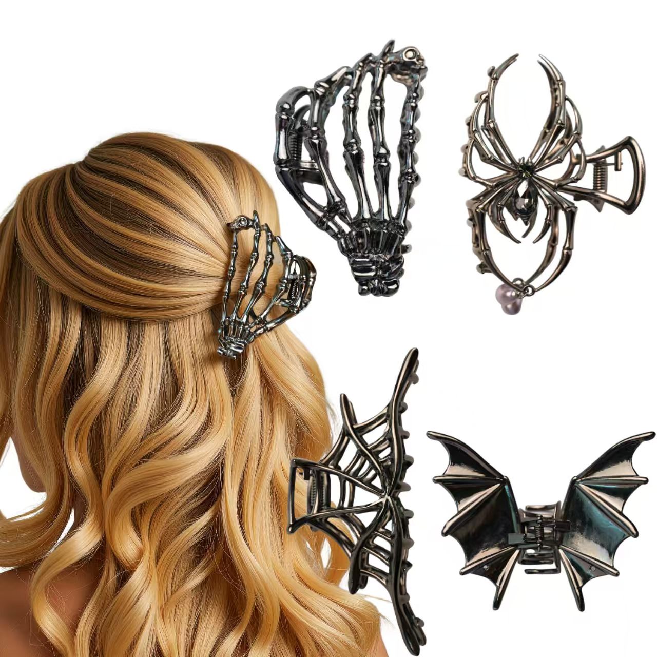 3 Pcs Hair Claw Clip Set Metal Skull Spider Web, Black