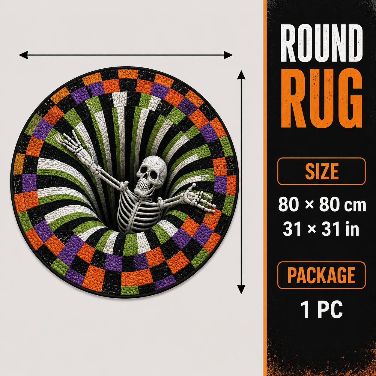 Halloween 3D Skeleton Vortex Quilted Illusion Round Rug (A1:16" Size) - Polyester Soft Non-Slip Fabric, Spooky Theme Depth Pattern, Indoor Use Living Areas Decor