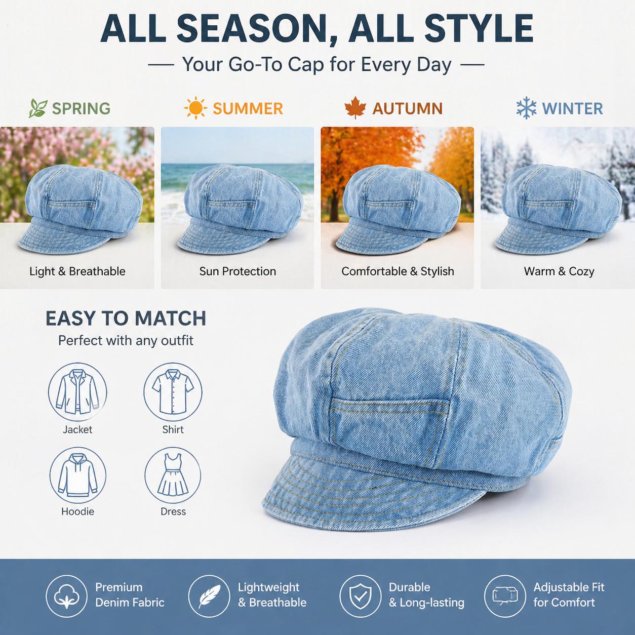 Women's Cotton Denim Octagonal Hat - Fashionable Versatile Solid Color Newsboy Painter Beret, Female Wear Accessories for Women, All-Season Gift Ideas