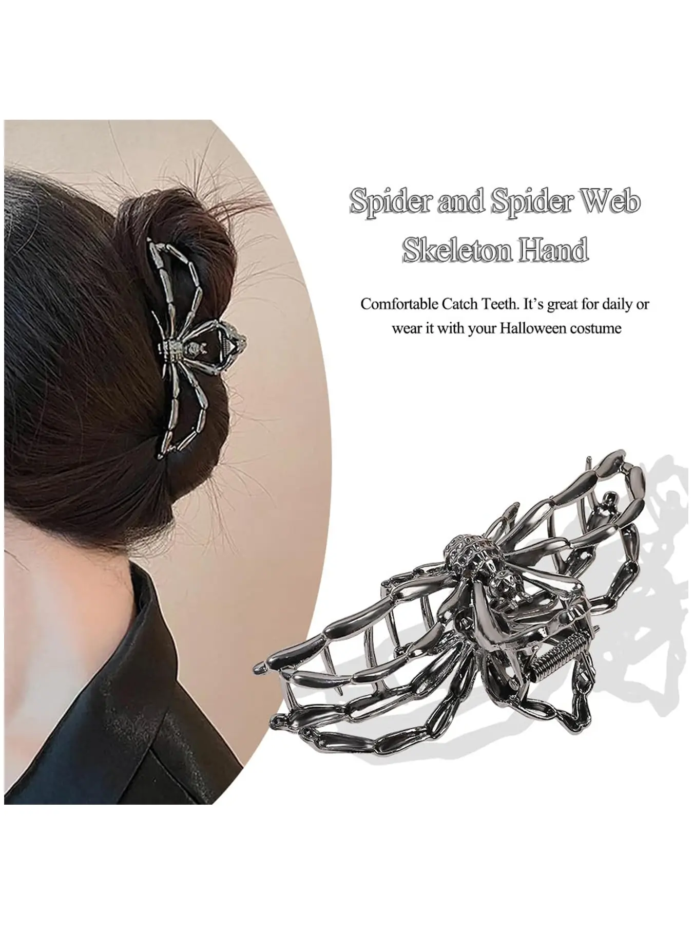3 Pcs Hair Claw Clip Set Metal Skull Spider Web, Black