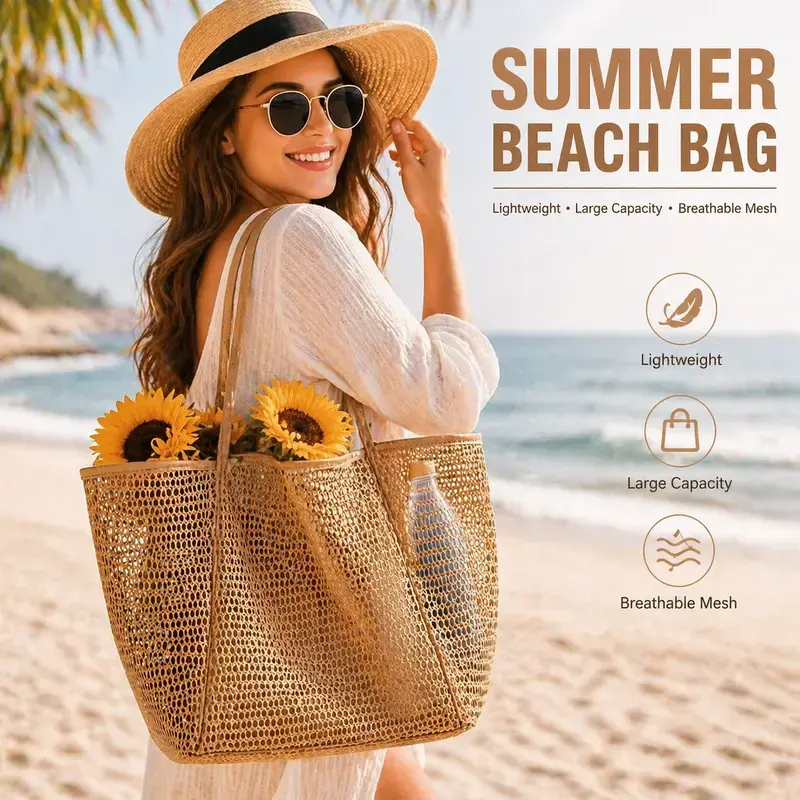 🌴 Cartivoe™ Summer Mesh Beach Tote Bag – Lightweight Woven Beach Bag with Inner Pouch | Large Capacity Waterproof Summer Handbag for Beach, Travel & Holidays