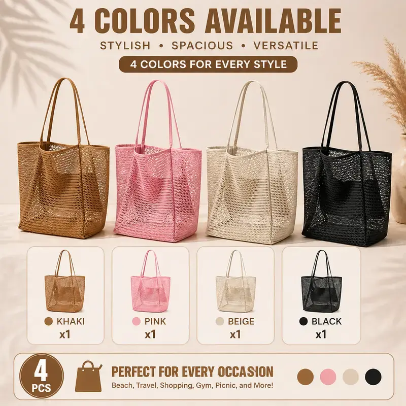 🌴 Cartivoe™ Summer Mesh Beach Tote Bag – Lightweight Woven Beach Bag with Inner Pouch | Large Capacity Waterproof Summer Handbag for Beach, Travel & Holidays