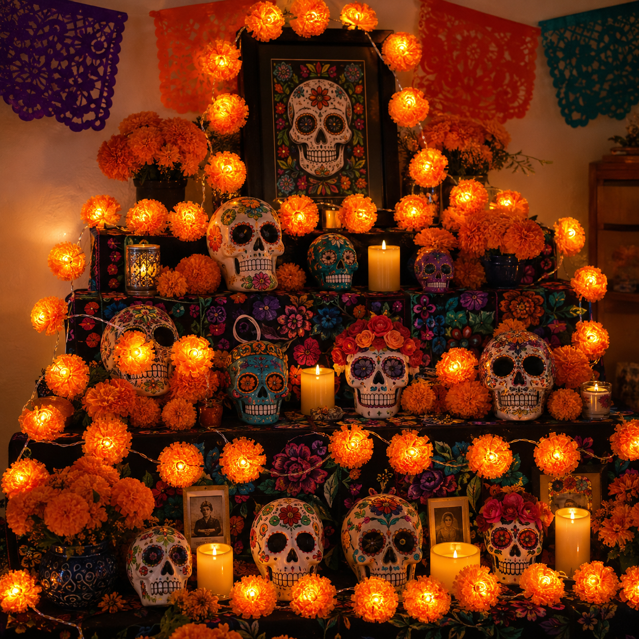 🧡 Marigold LED String Lights – 20 Cempasúchil-Style Flowers for Día de los Muertos & Fall Décor