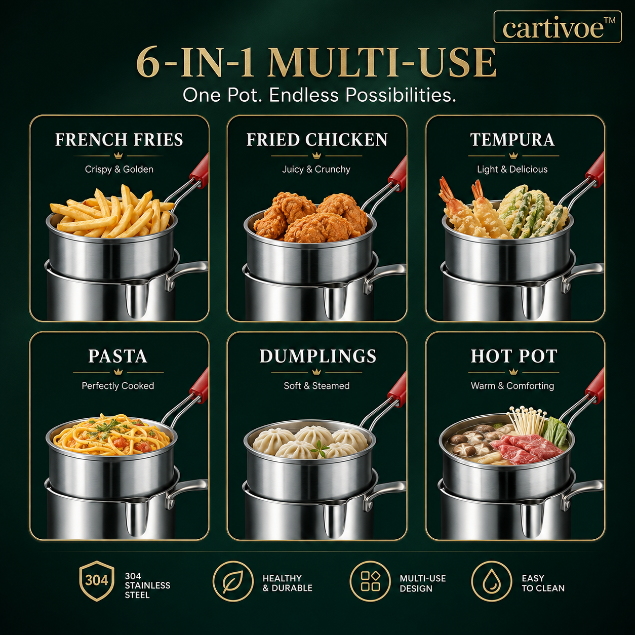 🍟 cartivoe™ 6-in-1 Stainless Steel Mini Fryer Pot with Strainer Basket – Small-Batch Frying Made Easy ✨