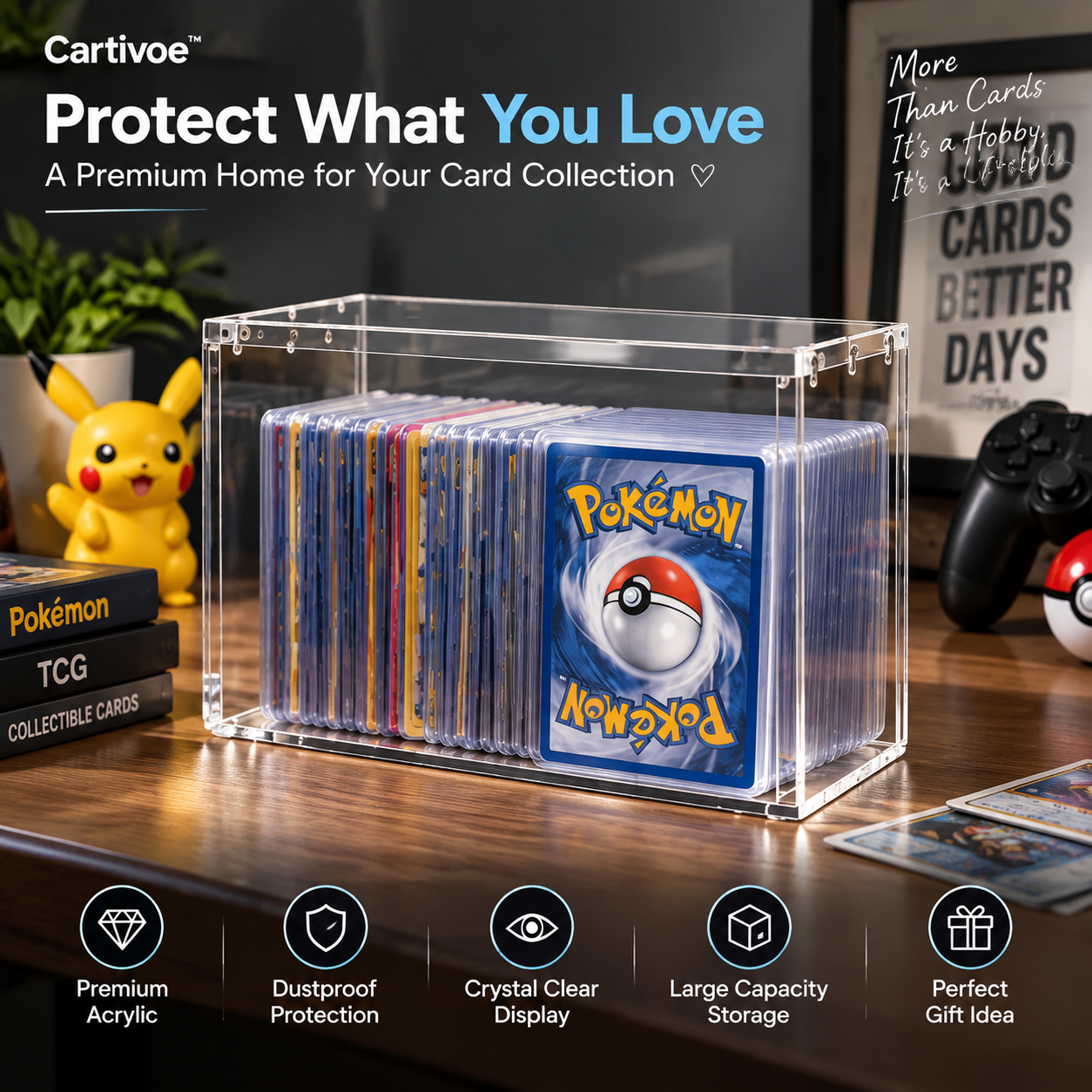 ✨ Cartivoe™ Clear Acrylic Trading Card Display Box – Premium Dustproof Collector Storage Case for Pokémon, Sports Cards & TCG Collections
