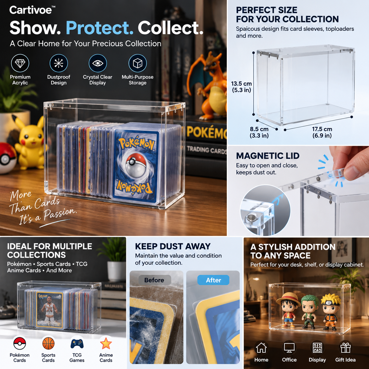 ✨ Cartivoe™ Clear Acrylic Trading Card Display Box – Premium Dustproof Collector Storage Case for Pokémon, Sports Cards & TCG Collections