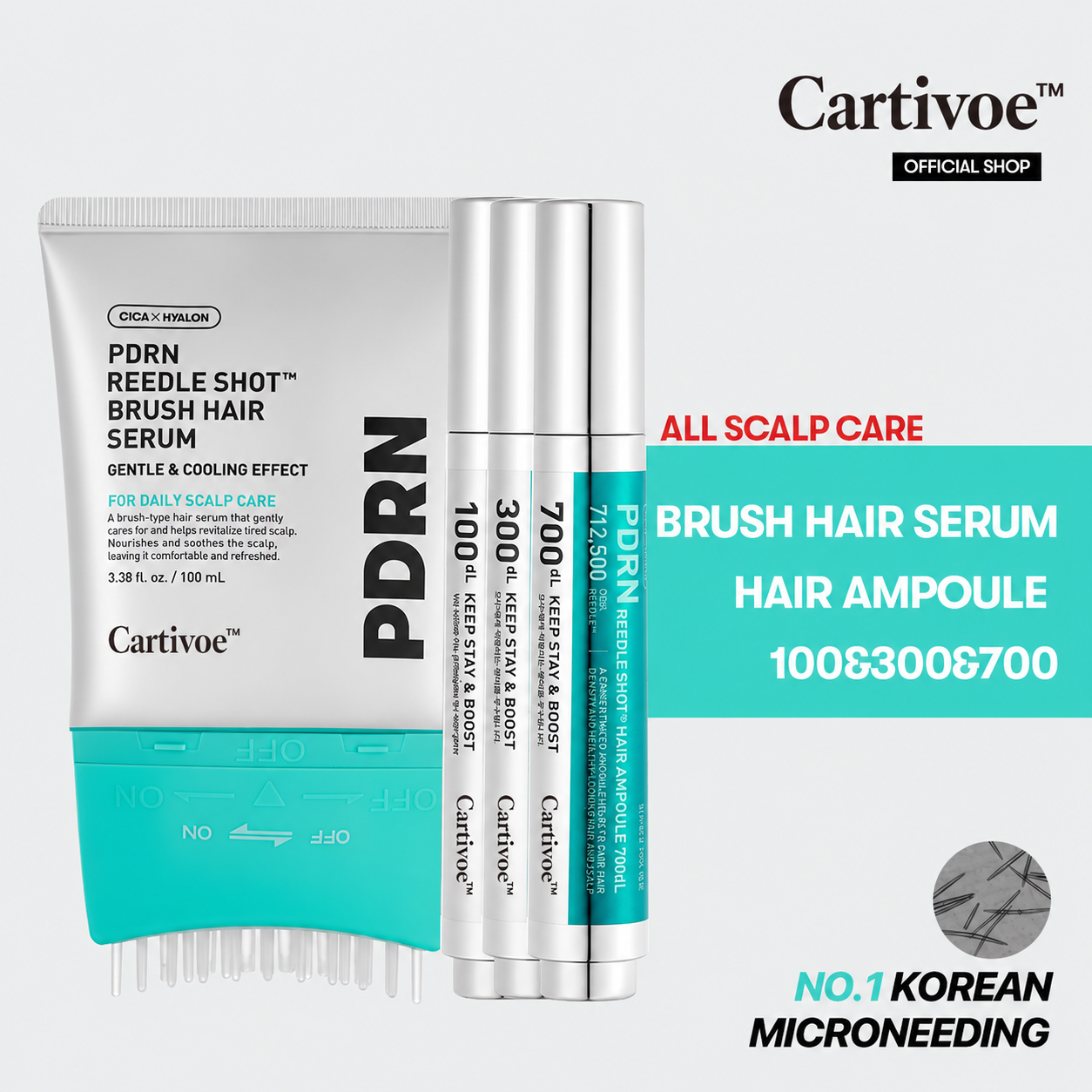 Cartivoe™ PDRN Scalp Renewal Care Set – Brush Applicator Serum & 100/300/700 Targeted Hair Ampoules for Fuller-Looking Hair 🌿