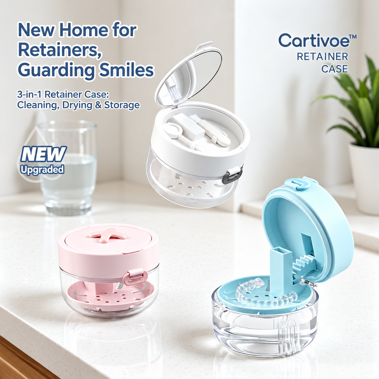 Cartivoe™ 4-in-1 Retainer Cleaning & Travel Case – Soaking Container with Drain Tray, Mirror & Brush for Aligners, Dentures & Mouthguards 🦷