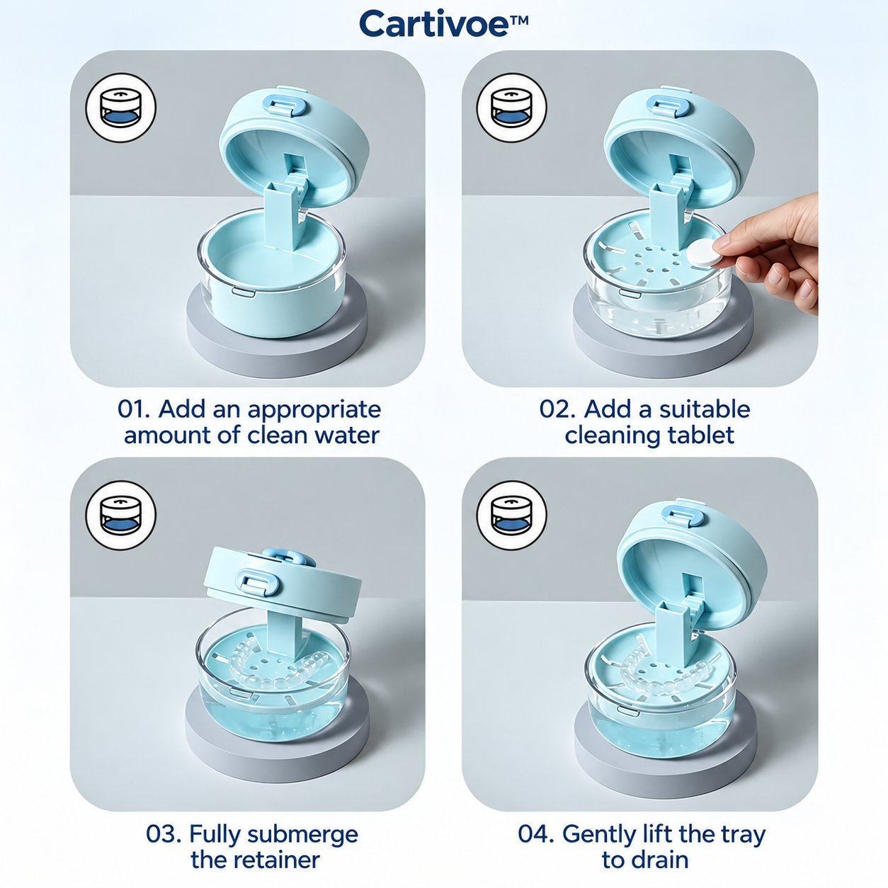 Cartivoe™ 4-in-1 Retainer Cleaning & Travel Case – Soaking Container with Drain Tray, Mirror & Brush for Aligners, Dentures & Mouthguards 🦷
