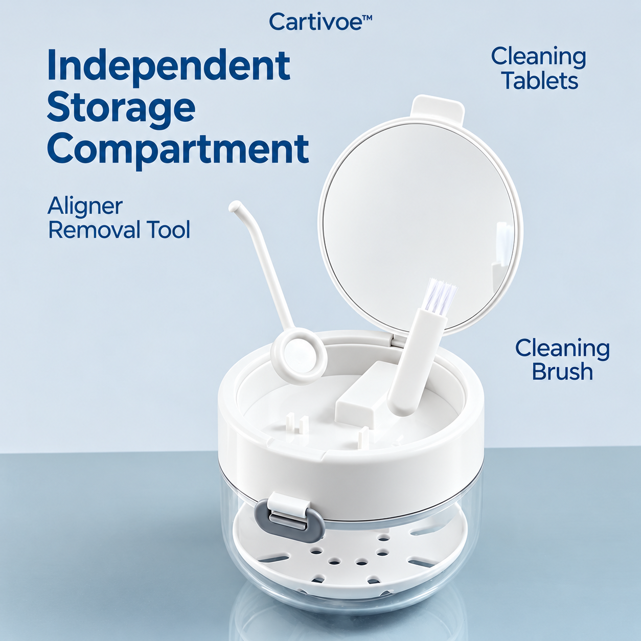 Cartivoe™ 4-in-1 Retainer Cleaning & Travel Case – Soaking Container with Drain Tray, Mirror & Brush for Aligners, Dentures & Mouthguards 🦷
