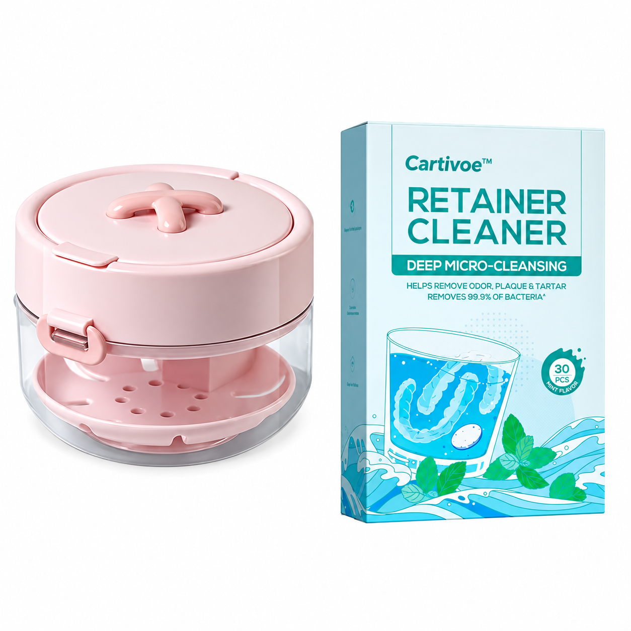 Cartivoe™ 4-in-1 Retainer Cleaning & Travel Case – Soaking Container with Drain Tray, Mirror & Brush for Aligners, Dentures & Mouthguards 🦷