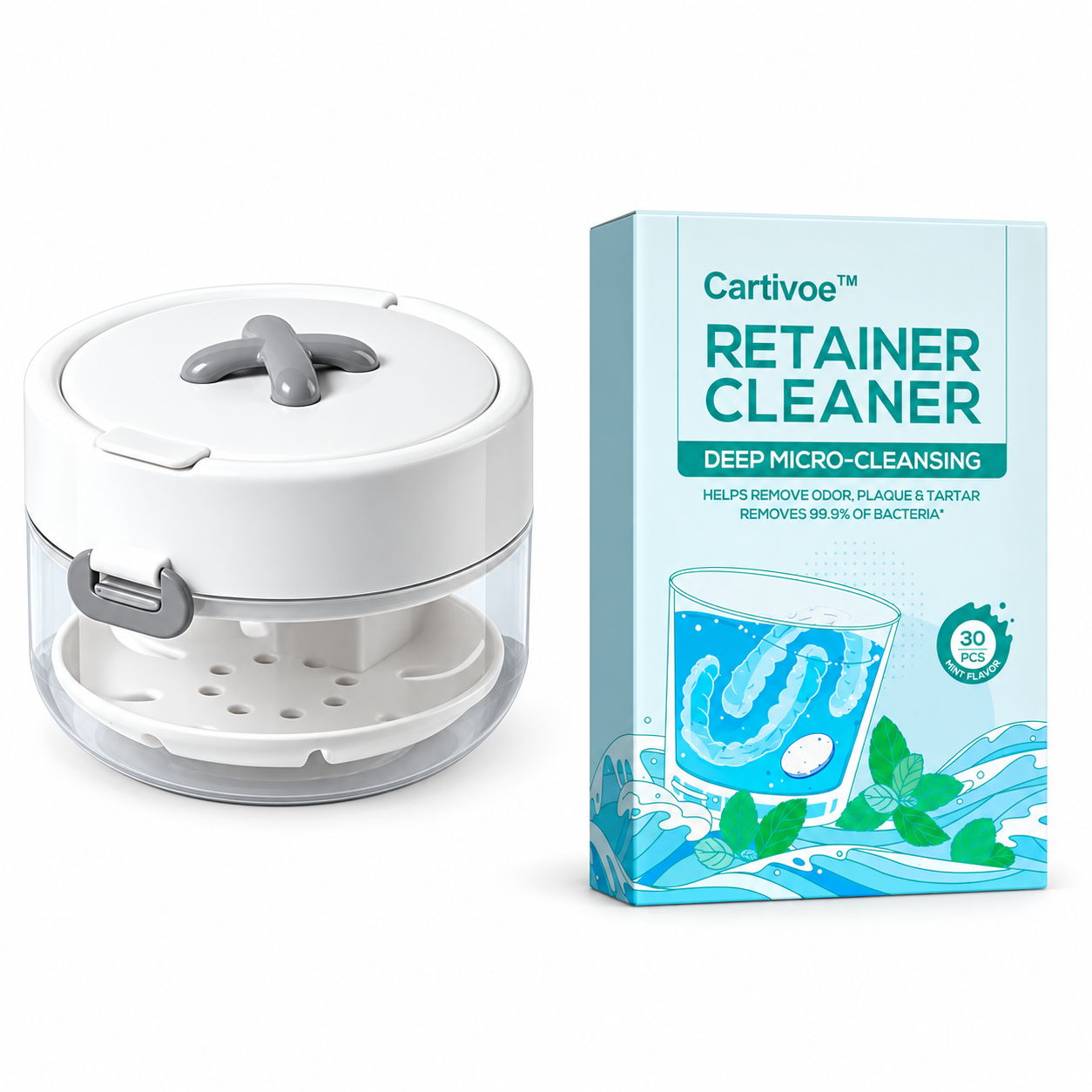 Cartivoe™ 4-in-1 Retainer Cleaning & Travel Case – Soaking Container with Drain Tray, Mirror & Brush for Aligners, Dentures & Mouthguards 🦷
