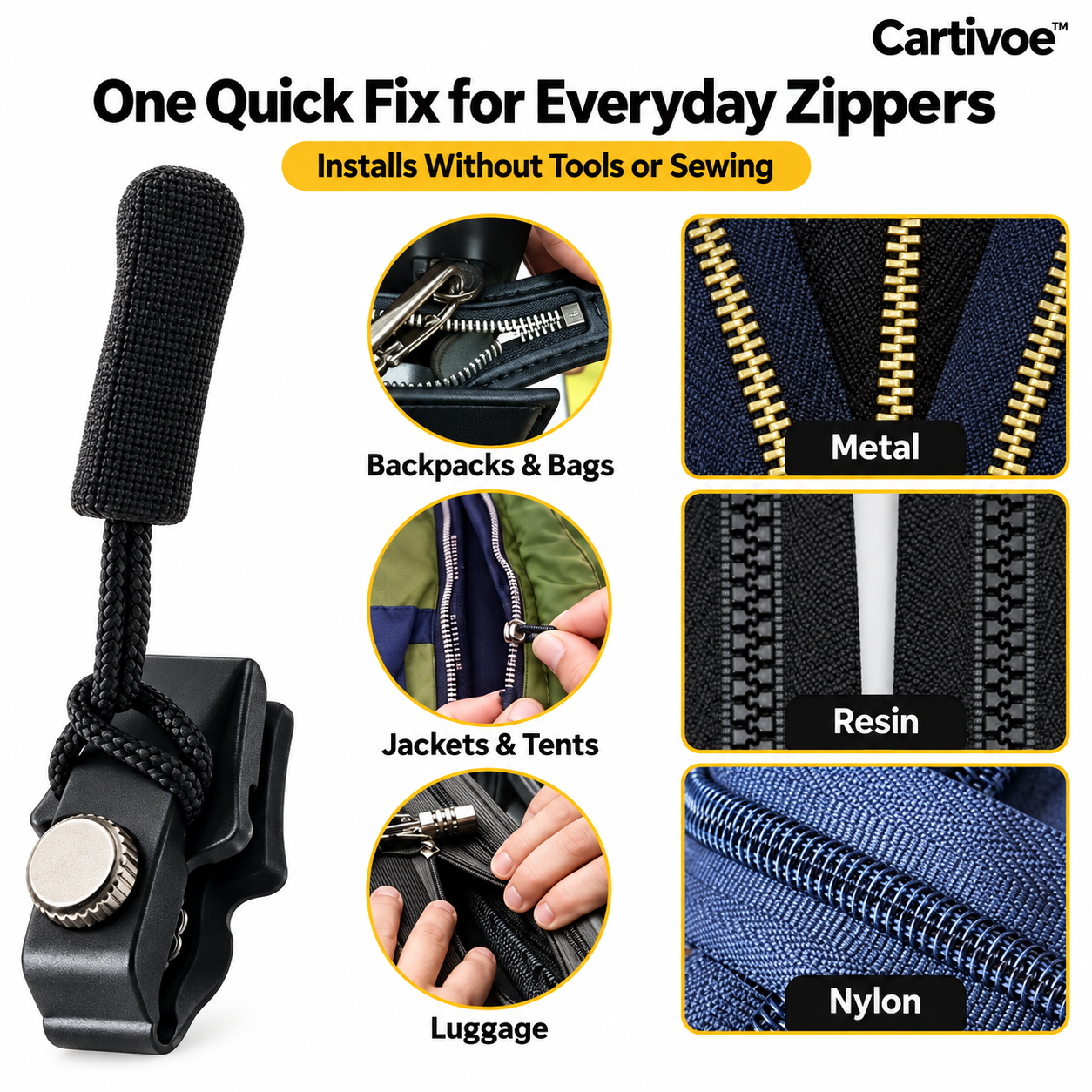 Cartivoe™ 50-Piece Tool-Free Zipper Repair Kit – 3-Size Detachable Replacement Zipper Sliders for Jackets, Luggage & Bags 🔧