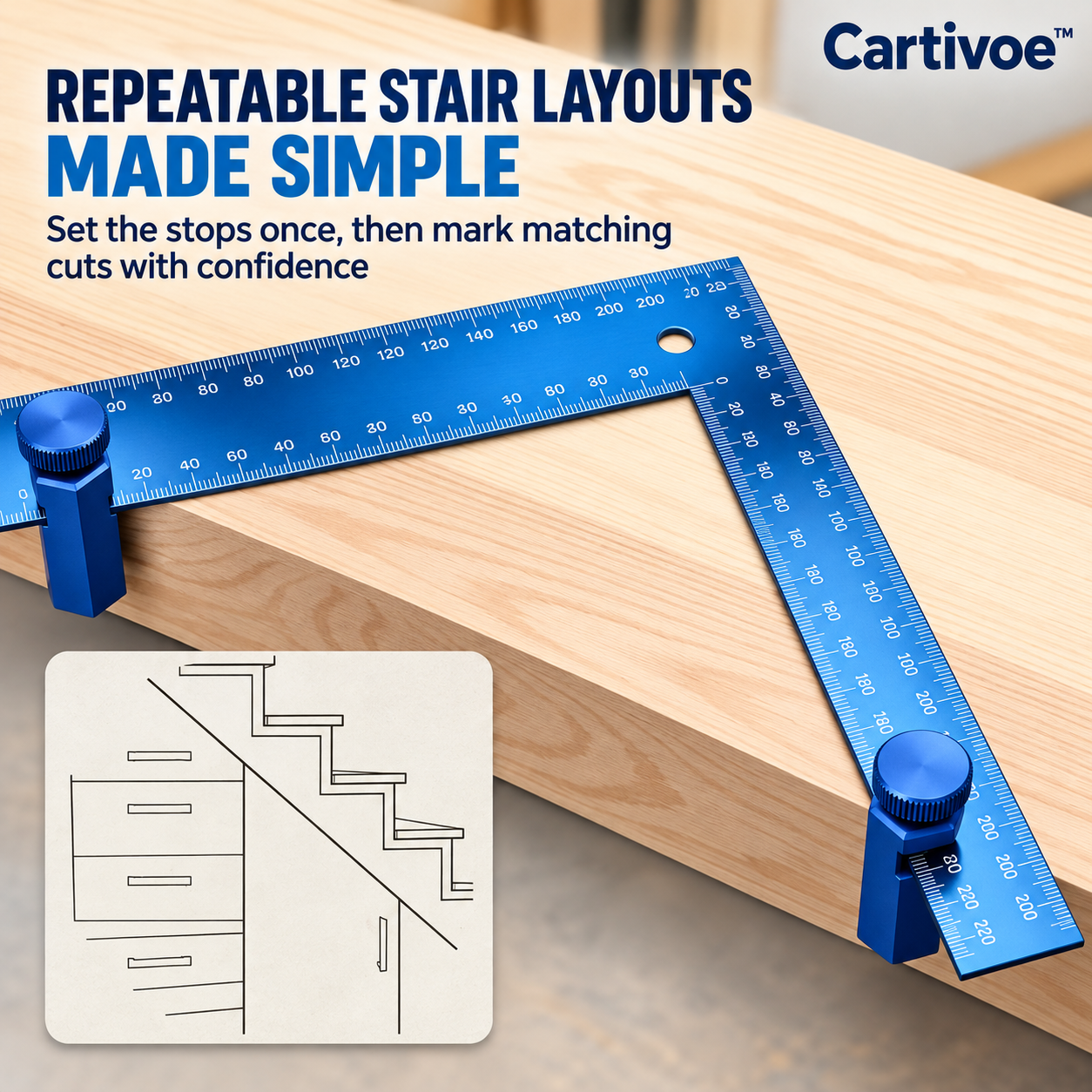 Cartivoe™ 2-Piece Aluminum Stair Gauges for Framing Square – Adjustable Layout Stops with Storage Holder for Stair Stringers, Rafters & Saw Guides 🔨
