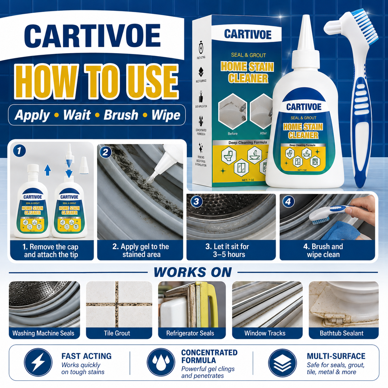 CARTIVOE& BUBCLEAN Mold Remover Gel with Scrub Brush - Heavy Duty Household Deep Cleaning House Supplies for Black Spot Removal, Deep Mold Whitening, Musty Dirt Elim - 7 Fl Oz Cleaner for Washer Gasket, Shower Caulk, Shower Caulk Clean
