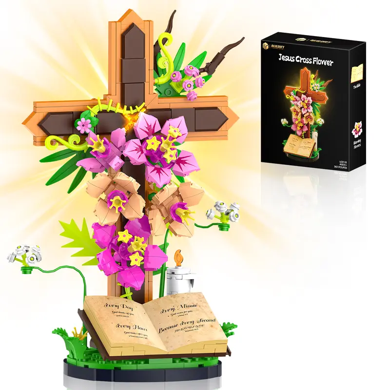 ✝️ Jesus Cross Flower Building Set, 363PCS 🌸 Kapok Flowers, Dogwood Blossoms & 🕊️ Olive Branches, Christian Decor & Christmas Gift 🎁