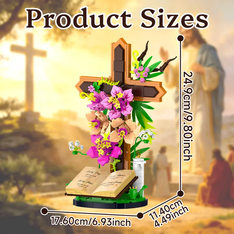 ✝️ Jesus Cross Flower Building Set, 363PCS 🌸 Kapok Flowers, Dogwood Blossoms & 🕊️ Olive Branches, Christian Decor & Christmas Gift 🎁