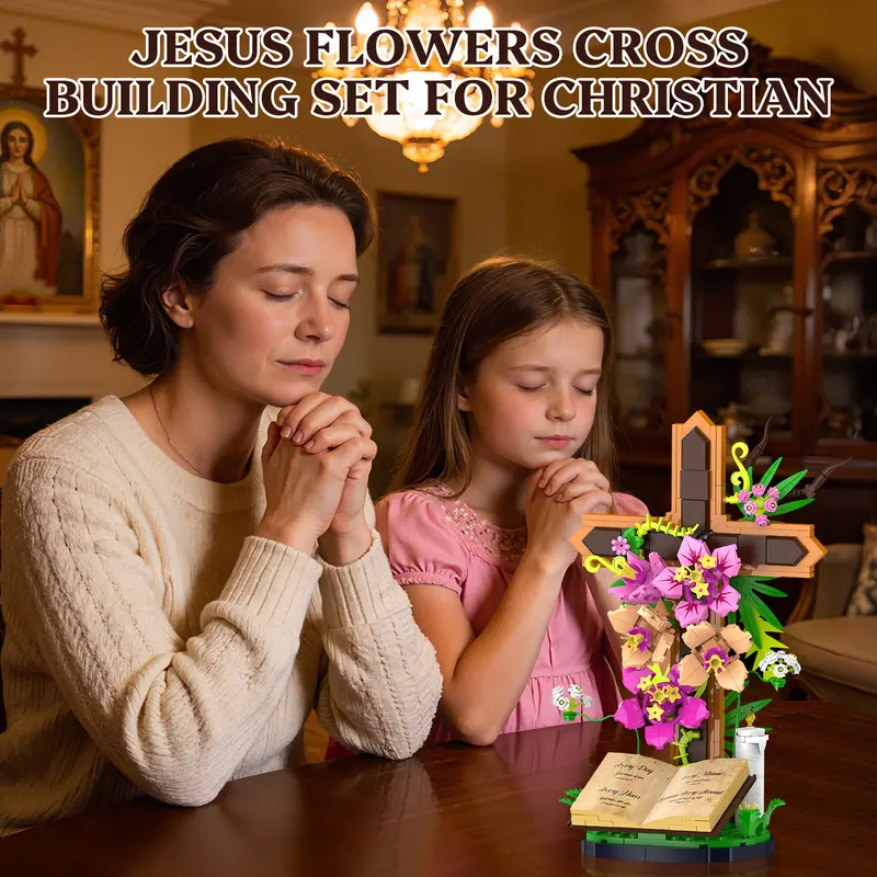 ✝️ Jesus Cross Flower Building Set, 363PCS 🌸 Kapok Flowers, Dogwood Blossoms & 🕊️ Olive Branches, Christian Decor & Christmas Gift 🎁