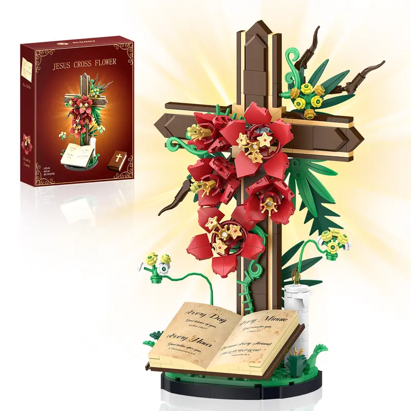 ✝️ Jesus Cross Flower Building Set, 363PCS 🌸 Kapok Flowers, Dogwood Blossoms & 🕊️ Olive Branches, Christian Decor & Christmas Gift 🎁
