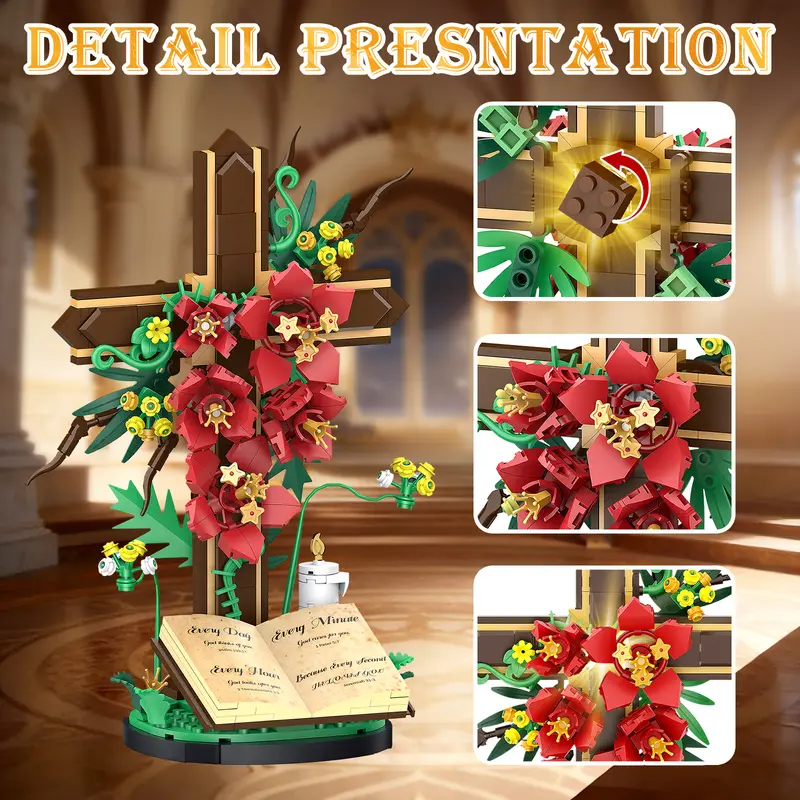 ✝️ Jesus Cross Flower Building Set, 363PCS 🌸 Kapok Flowers, Dogwood Blossoms & 🕊️ Olive Branches, Christian Decor & Christmas Gift 🎁