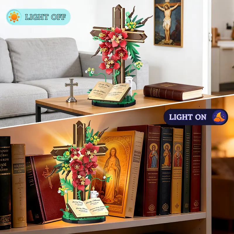✝️ Jesus Cross Flower Building Set, 363PCS 🌸 Kapok Flowers, Dogwood Blossoms & 🕊️ Olive Branches, Christian Decor & Christmas Gift 🎁
