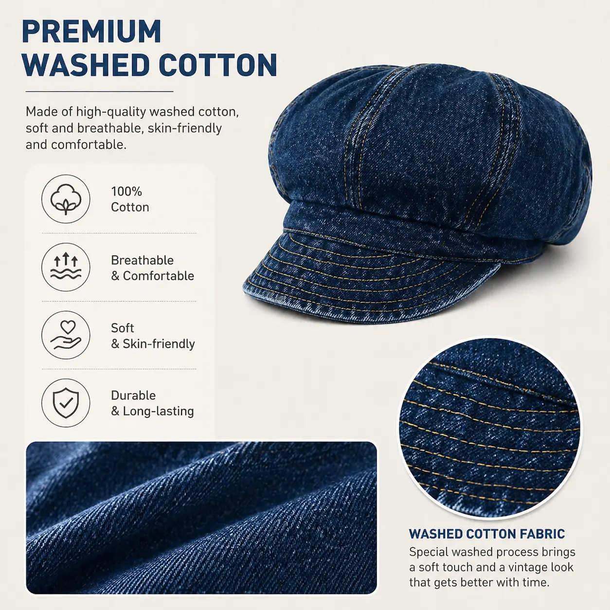 Cartivoe™ Women’s Vintage Cotton Denim Newsboy Cap – Classic 8-Panel Baker Boy Hat with Short Brim 🧢