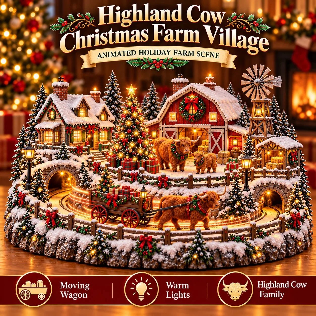 🐮 Light-Up Highland Cow Christmas Village – Festive Farmhouse Decor