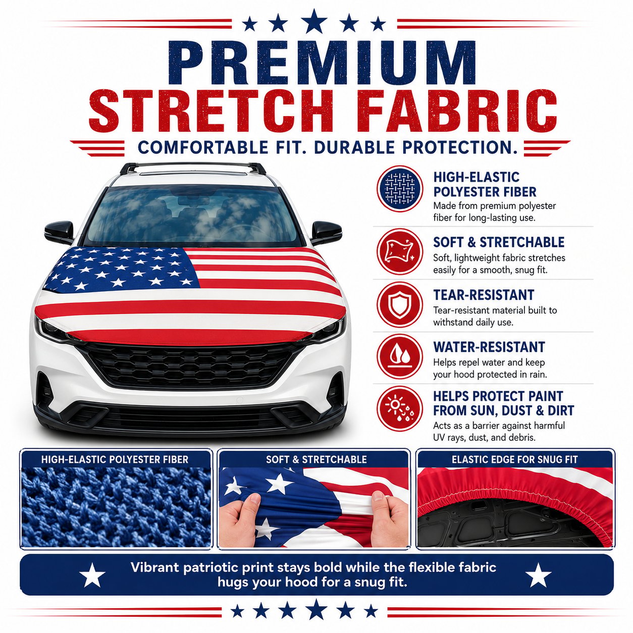 🔥US Paint‐Safe American Hood Flag Cover 🦅 Secure Buckle Design for Highway‐Stable Driving