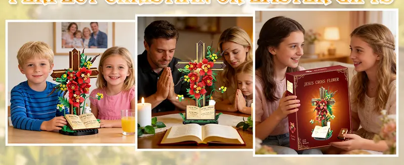 Crimson floral cross gift and family building scenes