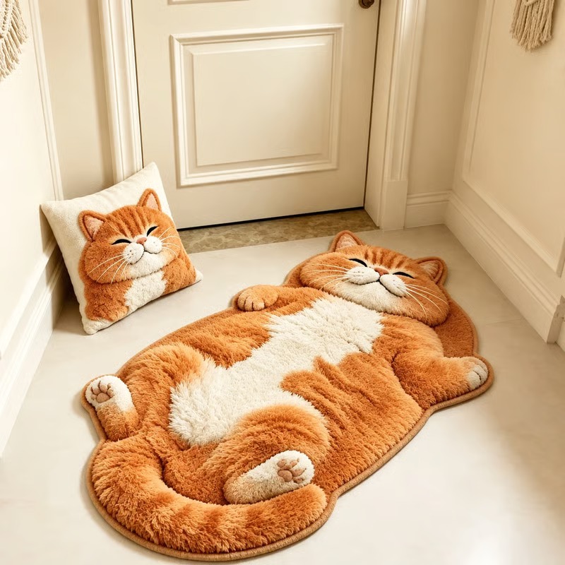 🐱 Chubby Tabby Cat Rug – Soft Washable Animal-Shaped Floor Mat