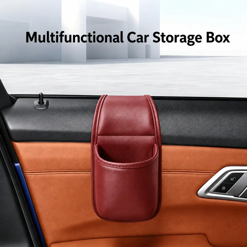 Leather car door storage pocket - double-layer compartments, scratch-proof flannel lining, residue-free adhesive, organizes keys & phones, keeps car interiors tidy, fits most sedans, SUVs and trucks for daily driving