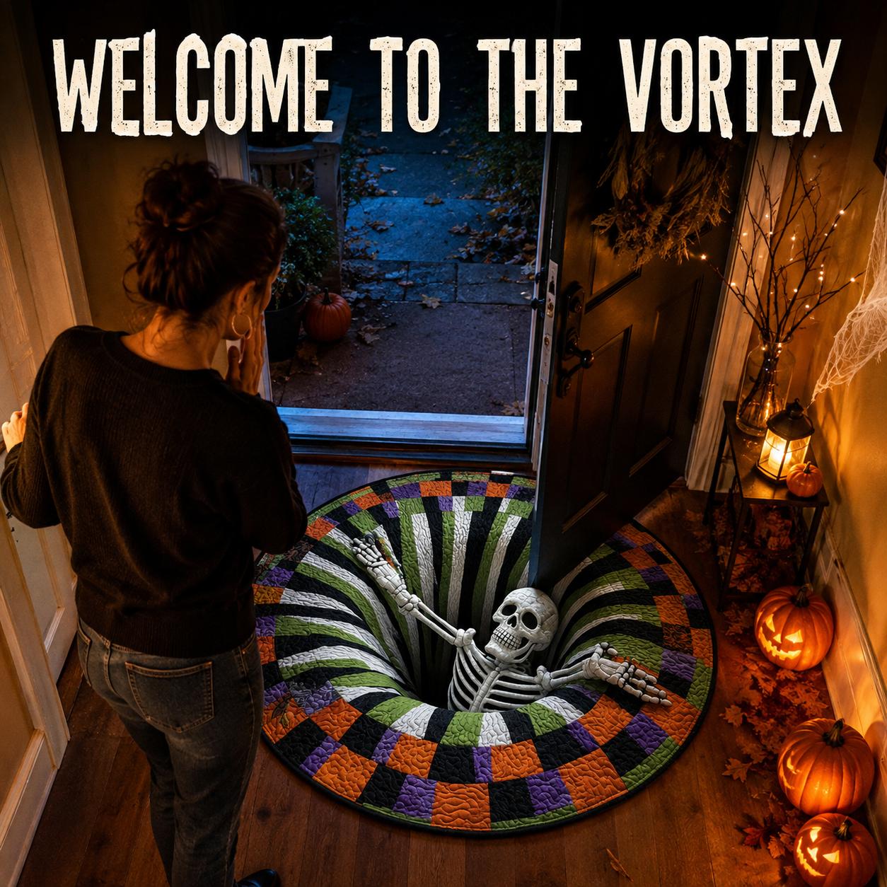 Halloween 3D Skeleton Vortex Quilted Illusion Round Rug (A1:16" Size) - Polyester Soft Non-Slip Fabric, Spooky Theme Depth Pattern, Indoor Use Living Areas Decor