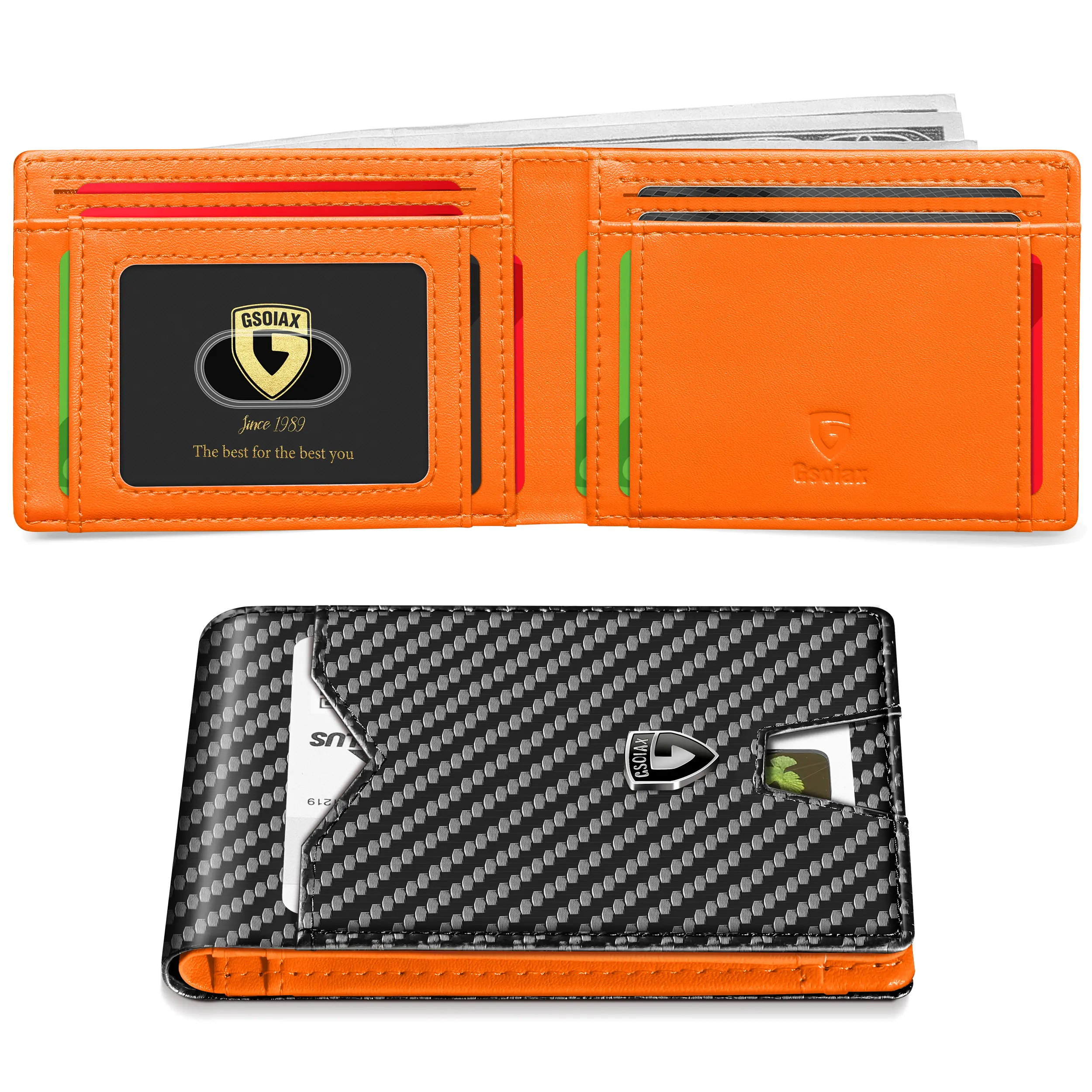 GSOIAX Slim RFID Blocking Bifold Leather Wallet, Carbon Fiber Black