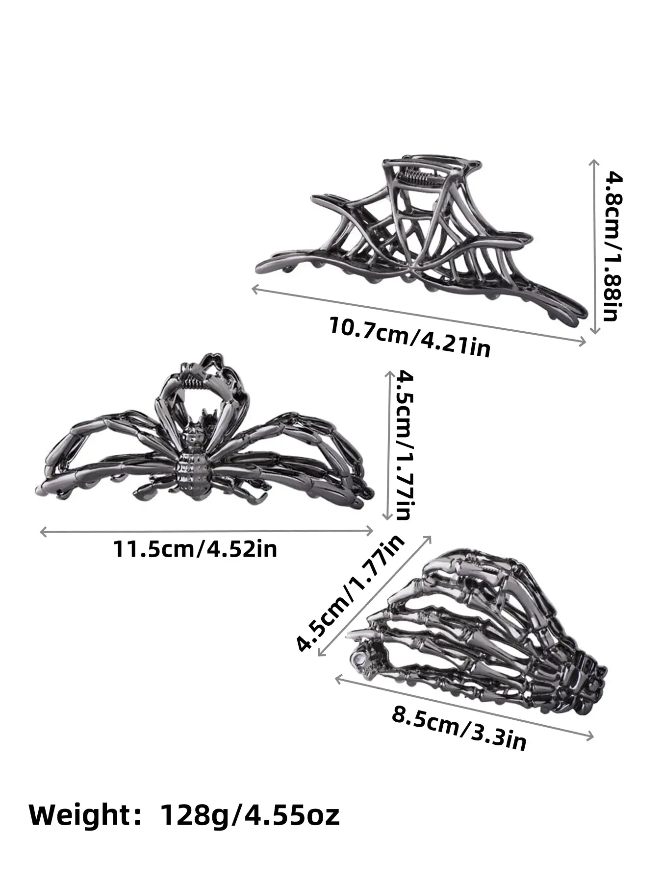 3 Pcs Hair Claw Clip Set Metal Skull Spider Web, Black