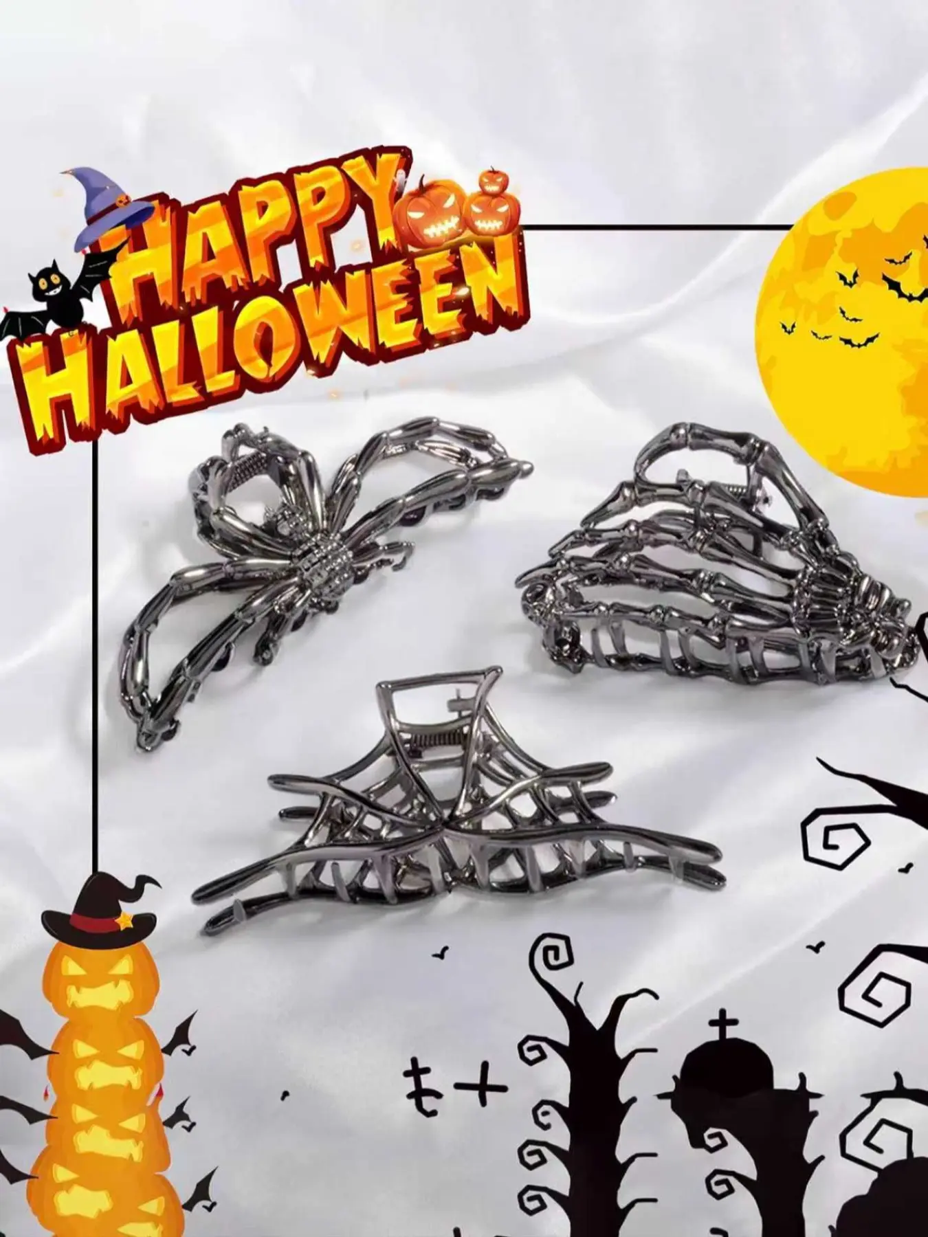 3 Pcs Hair Claw Clip Set Metal Skull Spider Web, Black