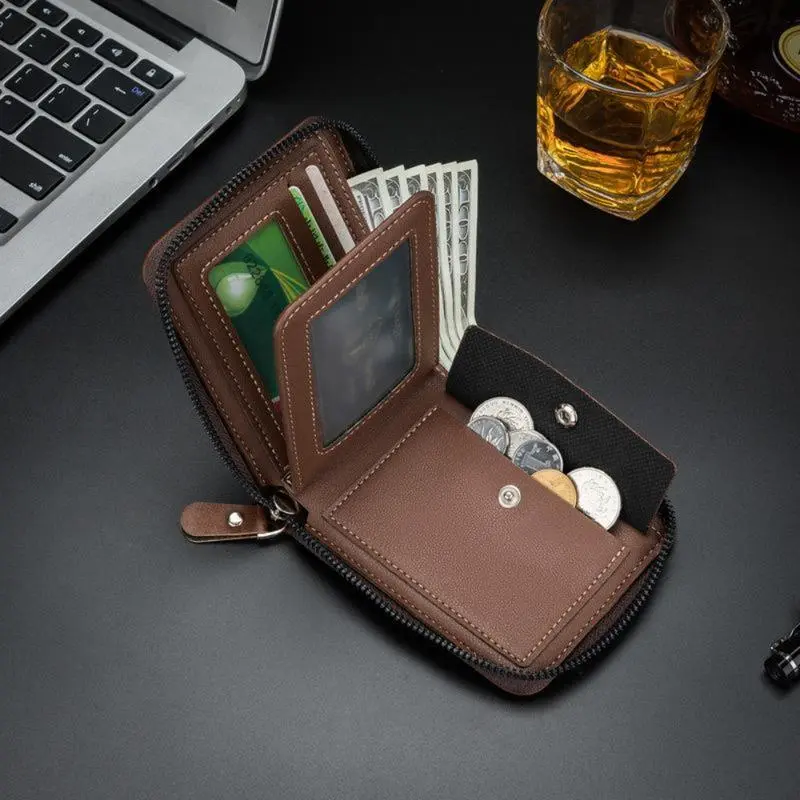 2026 New Men's Bifold Wallet - PU Leather, Retro Style Short Mens Wallet, Zipper Card Holder, Coin Storage Money Bag, Men's Accessories, Do Not Wash, Summervibes backtoschool